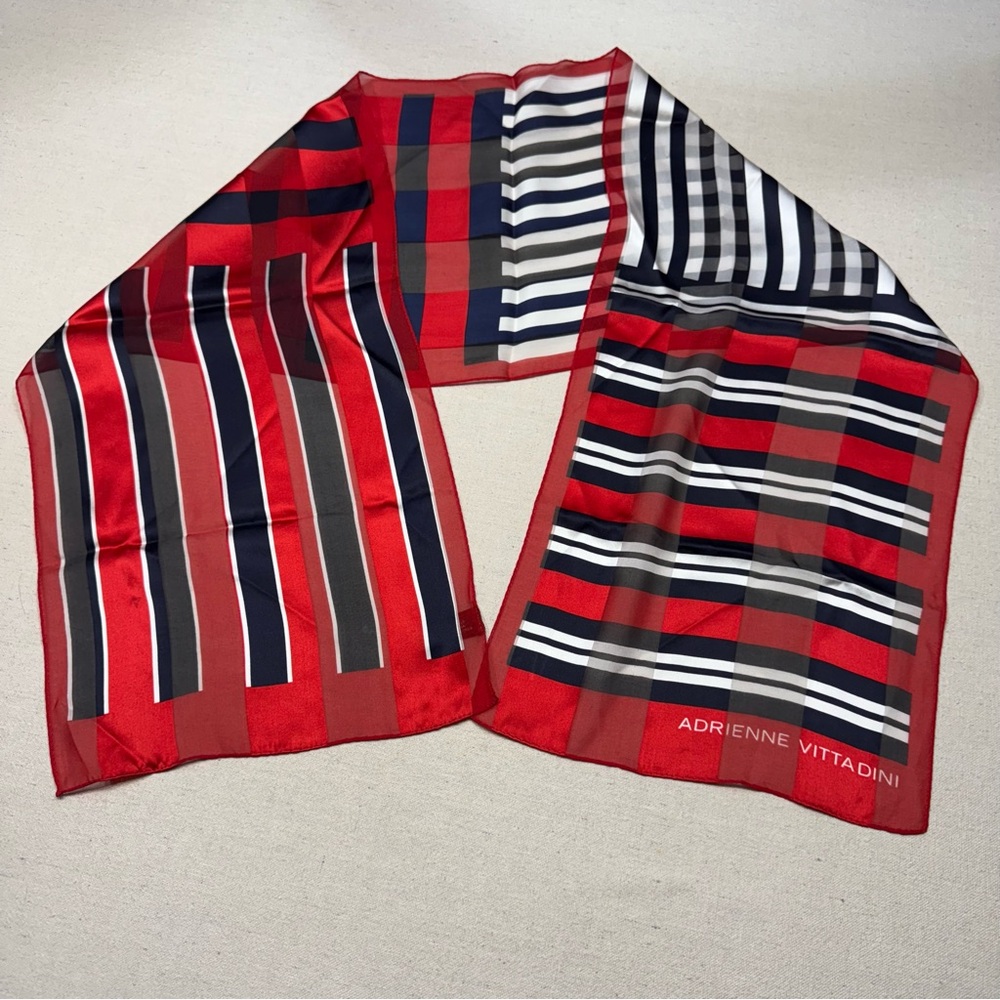 Adrienne Vittadini silk scarf - red, black, white & gray striped pattern.